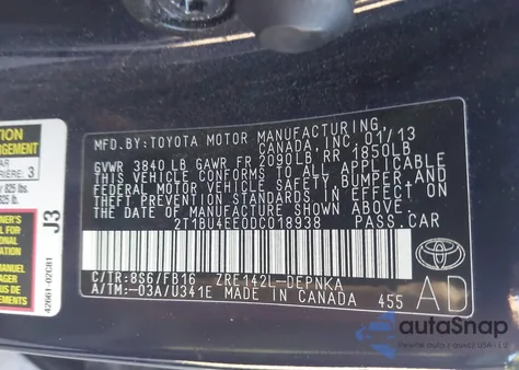 2013 Toyota Corolla Le z USA, uszkodzony, nr VIN 2T1BU4EE0DC018938